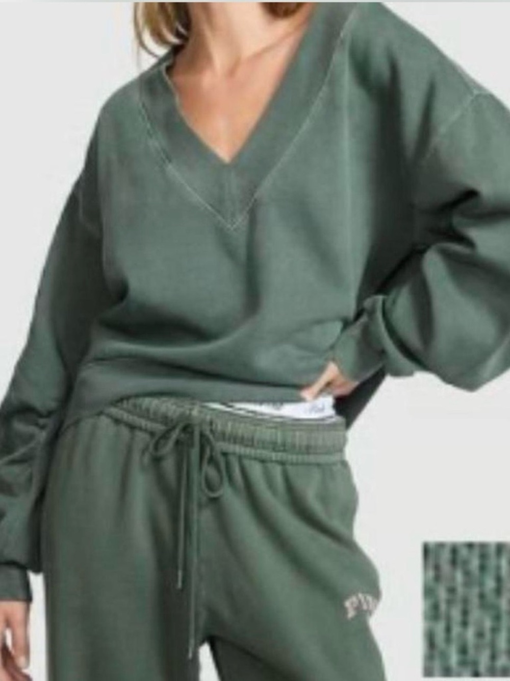 Vintage Wash Sage Green Lounge Set Oversized V-Neck Pullover & Joggers NWT